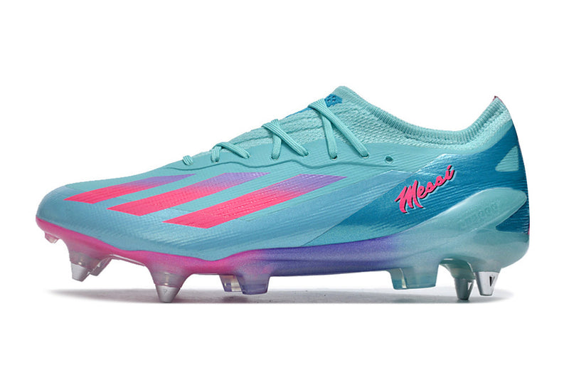 Chuteira Campo Adidas X Crazyfast Messi.1 Ponta de Aluminio Azul e Rosa "Miami Vice"