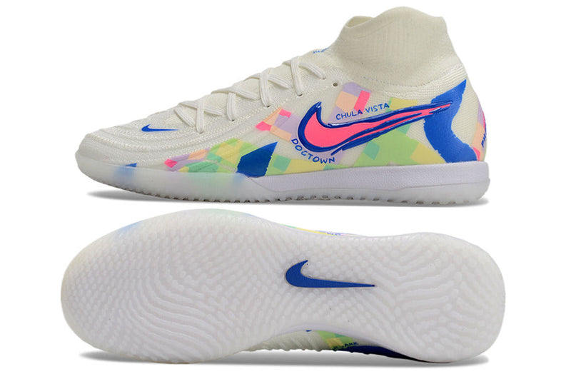 Chuteira Futsal Nike Phantom Luna Elite IC Branca, Azul e Rosa "Rainbow Pack"