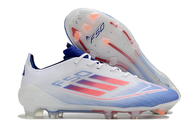 Chuteira Campo Adidas F50 FG Branca, Azul e Vermelho "Advancement Pack"