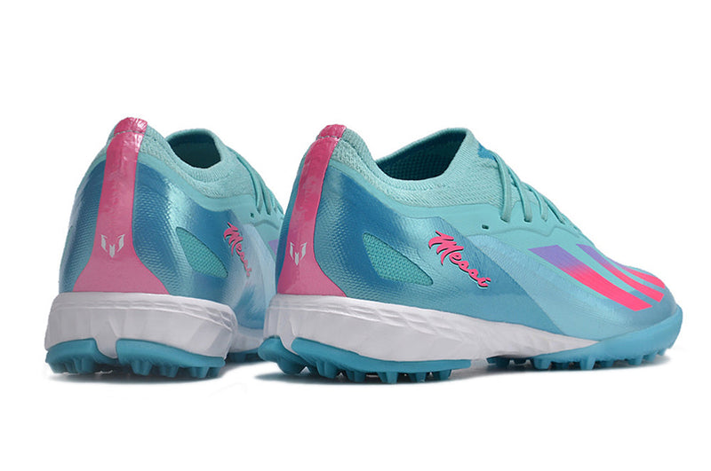 Chuteira Society Adidas X CrazyFast.1 TF Azul e Rosa "Miami Vice"