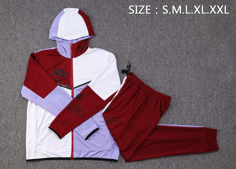 Conjunto de Moletom Nike Sportswear Tech Fleece com Touca Branco, Bordo e Roxo