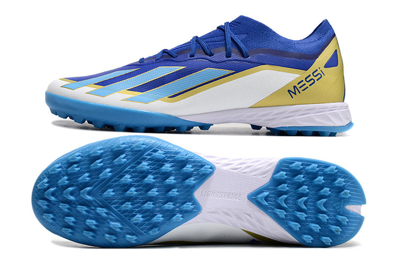 Chuteira Society Adidas X Crazrfast Messi .1 TF Azul, Branca e Dourada "Spark Gen10s"