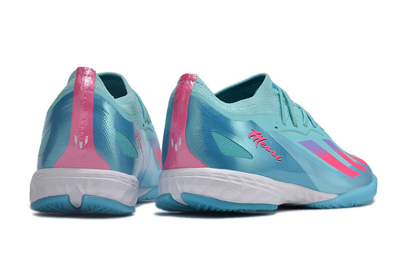 Chuteira Futsal Adidas X CrazyFast Messi.1 IC Azul e Rosa "Miami Vice"