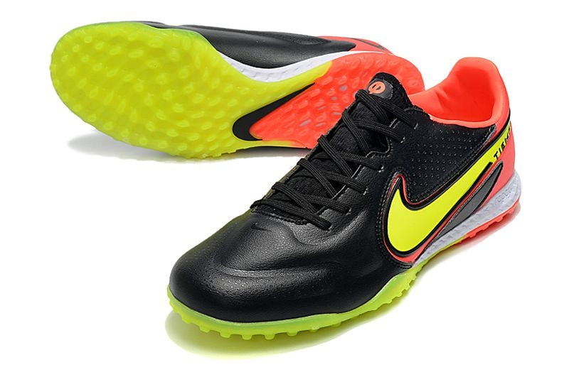 Chuteira Society Nike Tiempo Legend 9 Elite TF Preta, Amarelo e Laranja