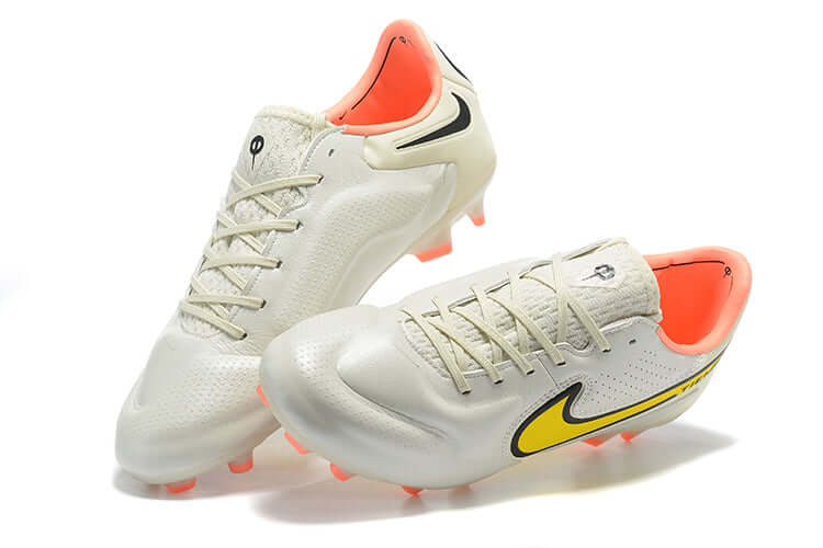 Chuteira Campo Nike Tiempo Legend 9 Elite FG Branca, Laranja e Amarelo