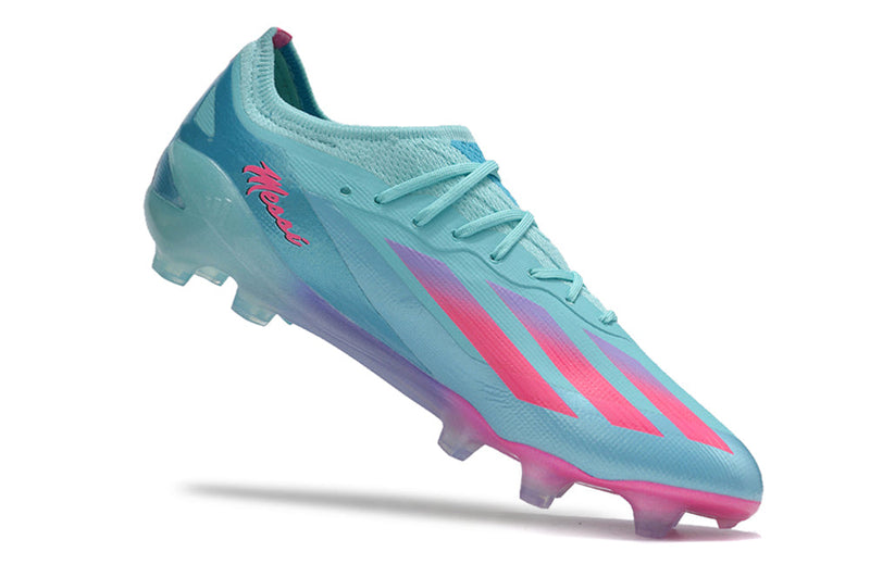 Chuteira Campo Adidas X CrazyFast Messi.1 FG Azul e Rosa "Miami Vice"