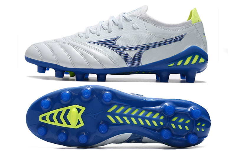 Chuteira Campo Mizuno Morelia Neo 3 FG Branca e Azul "Pre Future Pack"