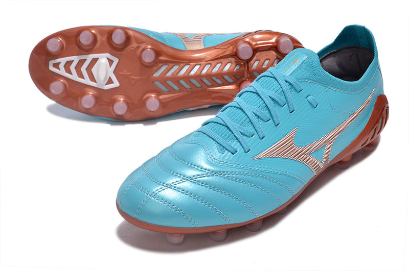 Chuteira Campo Mizuno Morelia Neo 3 FG Azul e Bronze "Azure Blue Pack"