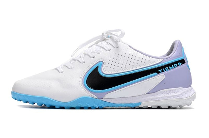 Chuteira Society Nike Tiempo Legend 9 Elite TF Branca e Azul "Blast Pack"