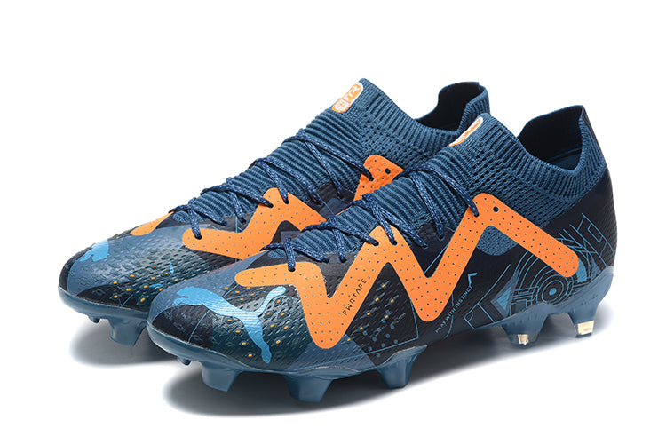 Chuteira Campo Puma Future Ultimate FG Azul e Laranja "DNA Pack"