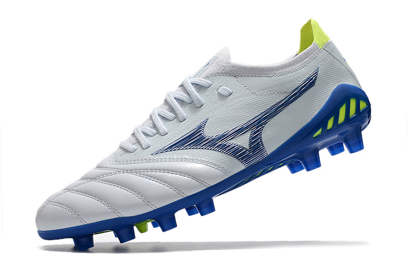 Chuteira Campo Mizuno Morelia Neo 3 FG Branca e Azul "Pre Future Pack"