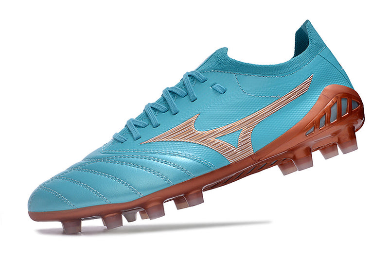 Chuteira Campo Mizuno Morelia Neo 3 FG Azul e Bronze "Azure Blue Pack"