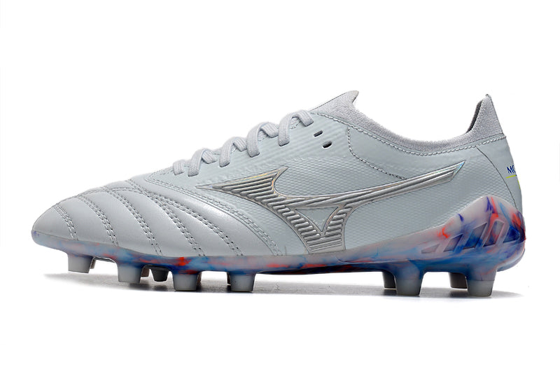 Chuteira Campo Mizuno Morelia Neo 3 FG Branca, Prata e Azul