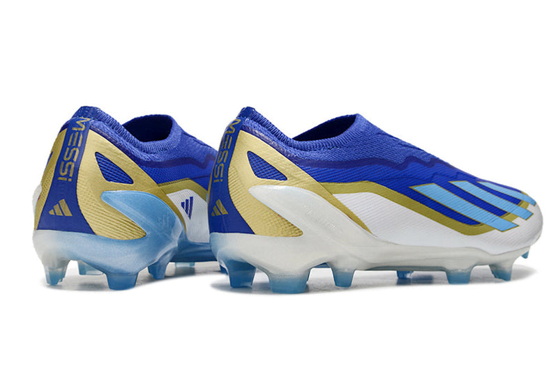 Chuteira Campo Adidas X Crazyfast Messi.1 FG Azul, Branco e Dourado "Spark Gen10s"