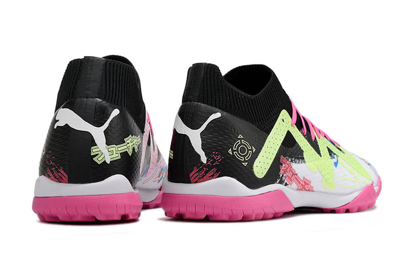 Chuteira Society Puma Future Ultimate TF Preta, Branca e Rosa "Powercat Tokyo Pack"