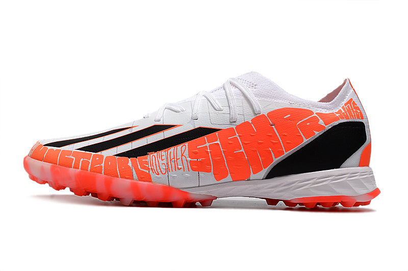 Chuteira Society Adidas X Speedportal.1 TF Laranja e Branco "Balon Te Adoro"