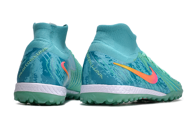 Chuteira Society Nike Phantom Luna Elite TF Azul e Verde "Vortex Pack"