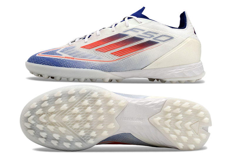 Chuteira Society Adidas F50 TF Branca, Azul e Vermelha "Advancement Pack"