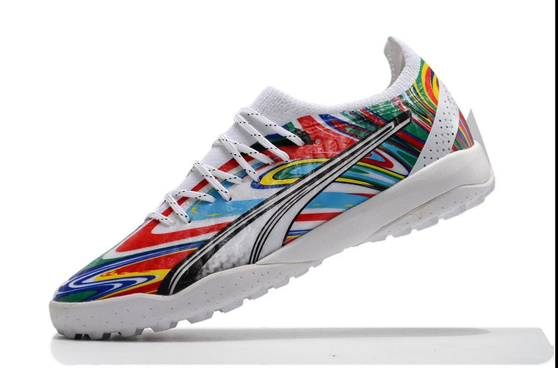 Chuteira Society Puma Ultra Ultimate 1.4 TF Branca e Multicolor