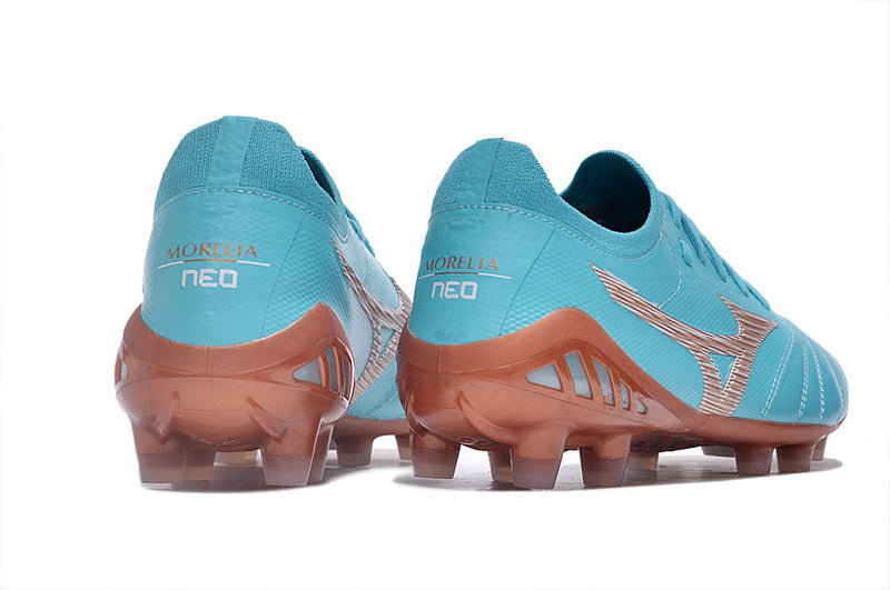 Chuteira Campo Mizuno Morelia Neo 3 FG Azul e Bronze "Azure Blue Pack"