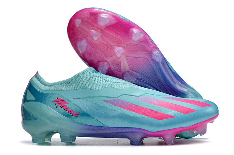 Chuteira Campo Adidas X CrazyFast Messi.1 LL FG Azul e Rosa "Miami Vice"