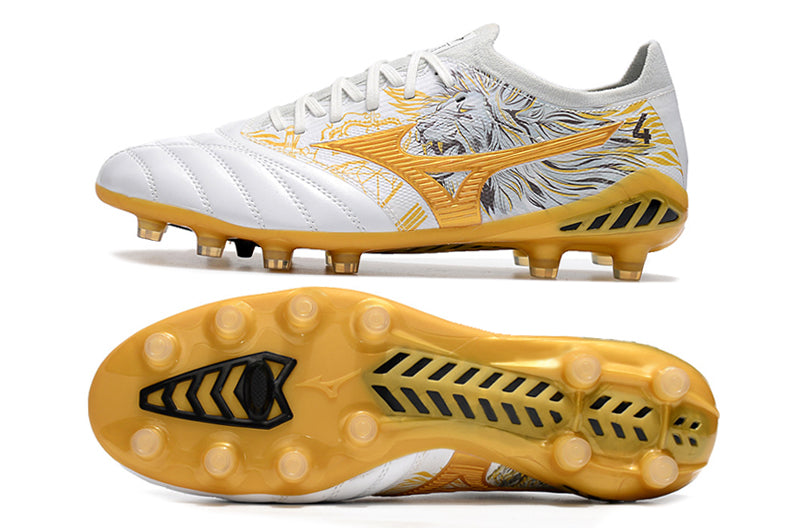 Chuteira Campo Mizuno Morelia Neo 3 FG Branca e Dourada "Sergio Ramos"