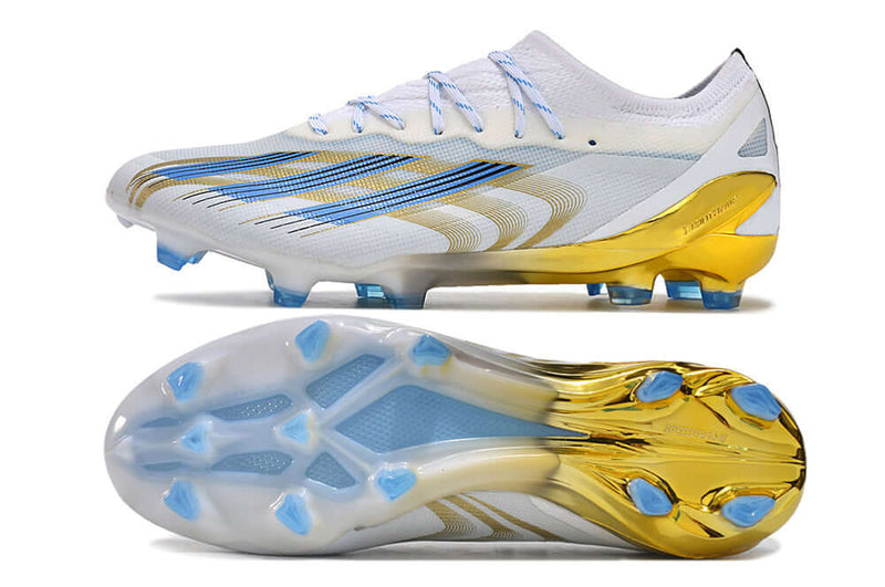 Chuteira Campo Adidas CrazyFast Messi.1 FG Branca, Azul e Dourado "Las Estrellas"