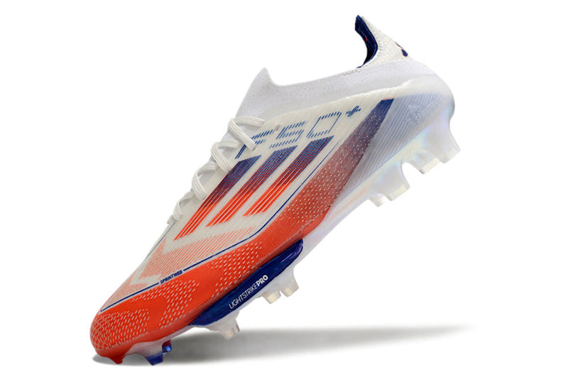 Chuteira Campo Adidas F50+ FG Branca, Azul e Vermelha "Advancement Pack"