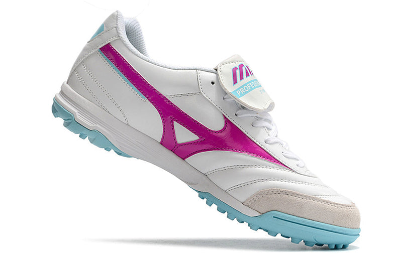 Chuteira Society Mizuno Morelia 3 TF Branca, Rosa e Azul