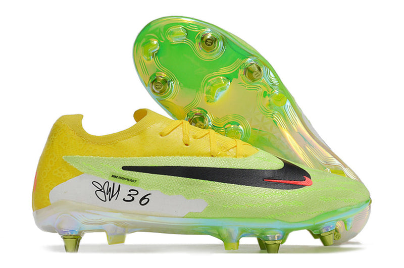 Chuteira Campo Nike Phantom GX Elite Trava Mista Amarela e Verde "Haaland"