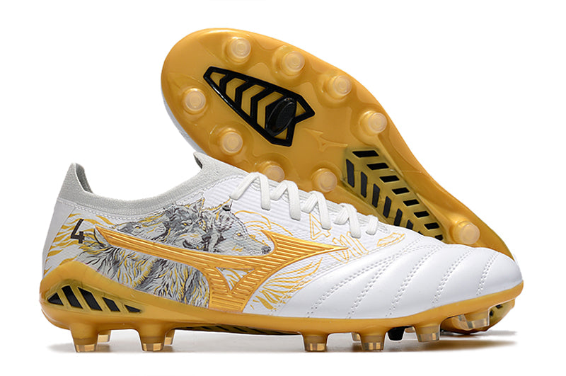 Chuteira Campo Mizuno Morelia Neo 3 FG Branca e Dourada "Sergio Ramos"