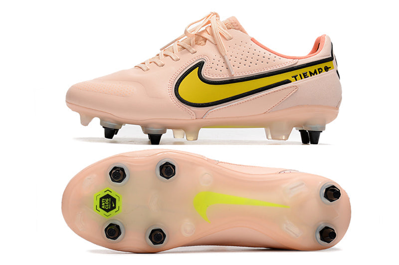 Chuteira Campo Nike Tiempo Legend 9 Elite Trava Mista Rosa e Amarelo "Lucent Pack"