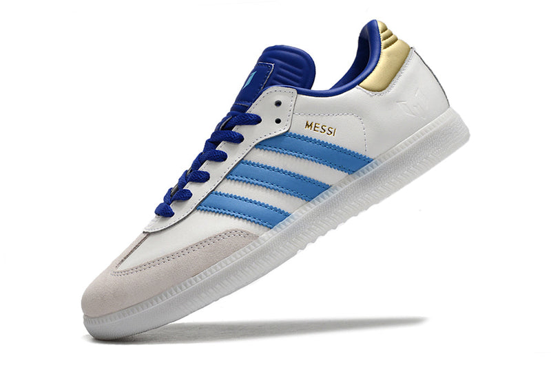 Chuteira Futsal Adidas Lionel Messi x Samba IC Branco, Azul e Dourado