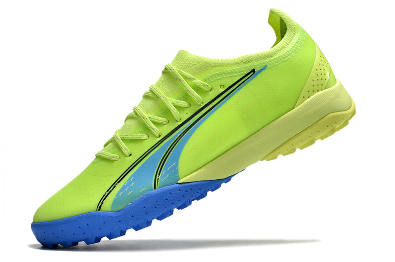 Chuteira Society Puma Ultra Ultimate 1.4 TF Verde e Azul "Fastest Pack"