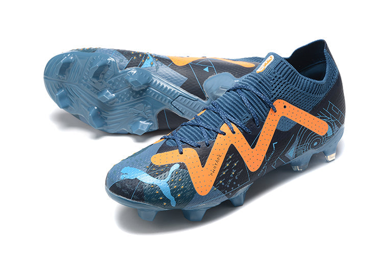 Chuteira Campo Puma Future Ultimate FG Azul e Laranja "DNA Pack"