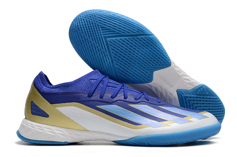 Chuteira Futsal Adidas X Crazyfast Messi.1 IC Azul, Branco e Dourada "Spark Gen10s"