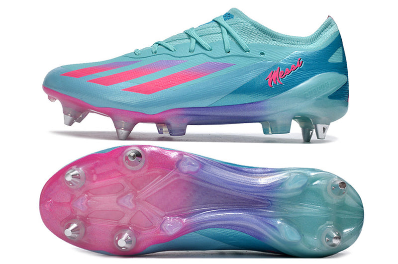 Chuteira Campo Adidas X Crazyfast Messi.1 Ponta de Aluminio Azul e Rosa "Miami Vice"