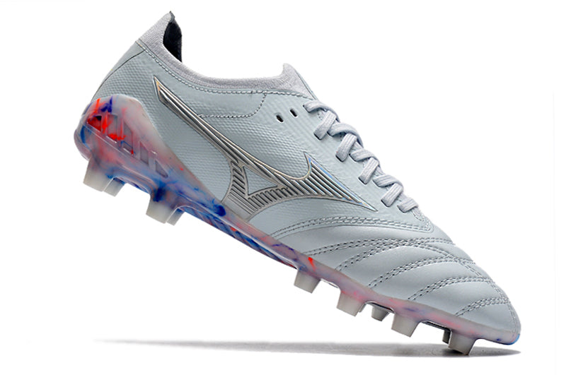 Chuteira Campo Mizuno Morelia Neo 3 FG Branca, Prata e Azul