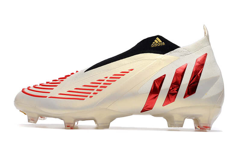 Chuteira Campo Adidas Predator Edge+ FG Off-White e Vermelho "Showdown Pack"