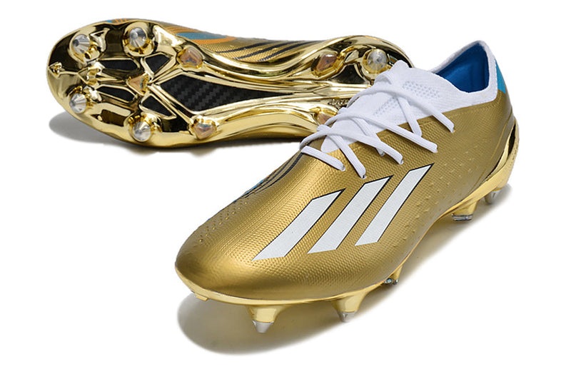 Chuteira Campo Adidas X Speedportal Messi.1 Ponta de Aluminio Dourada e Branca "Leyenda"