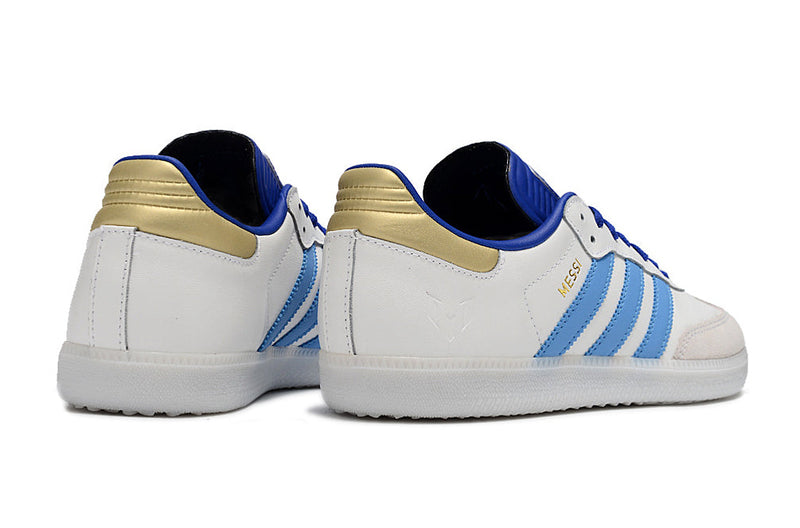 Chuteira Futsal Adidas Lionel Messi x Samba IC Branco, Azul e Dourado