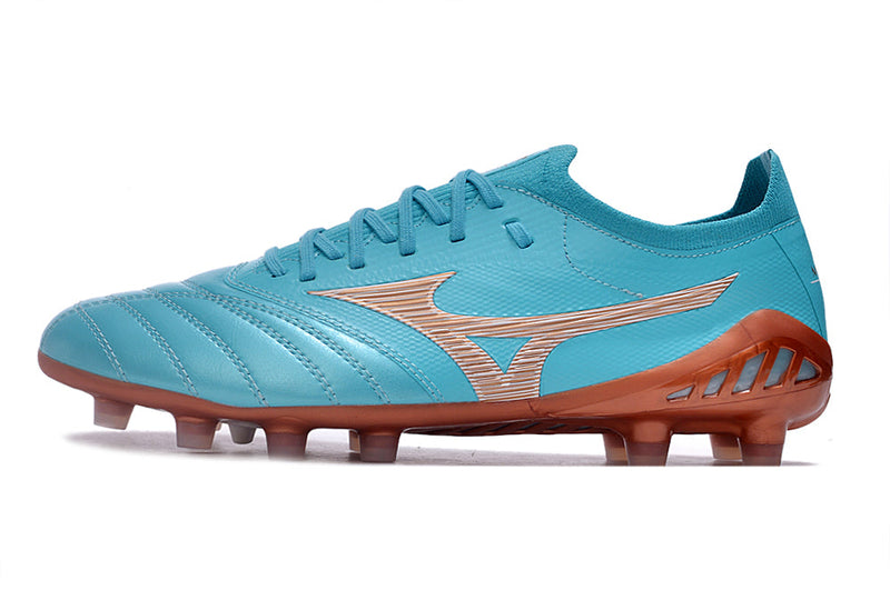 Chuteira Campo Mizuno Morelia Neo 3 FG Azul e Bronze "Azure Blue Pack"