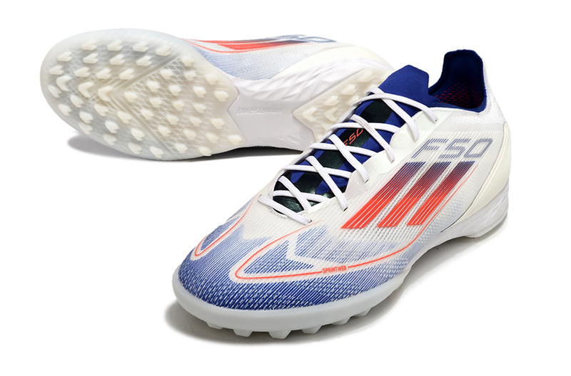 Chuteira Society Adidas F50 TF Branca, Azul e Vermelha "Advancement Pack"