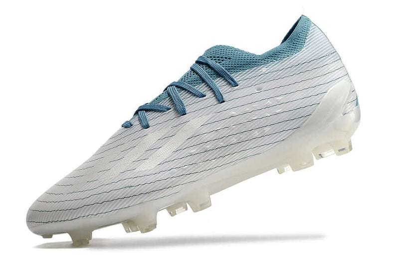 Chuteira Campo Adidas X Speedportal.1 FG Branca e Azul "Sustainability Pack"