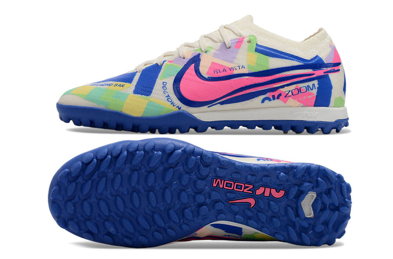 Chuteira Society Nike Air Zoom Mercurial Vapor 15 Elite TF Branca, Azul e Rosa "SoCal Pack"