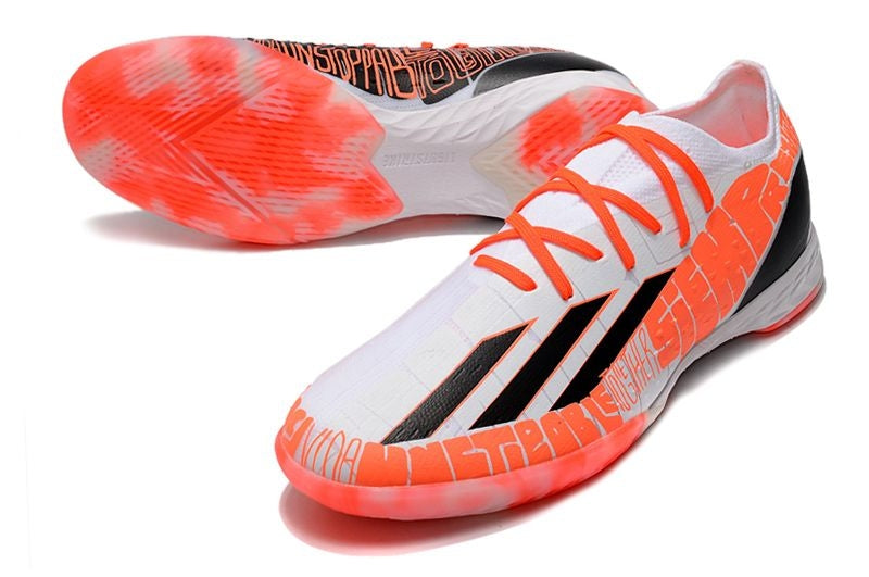 Chuteira Futsal Adidas X Speedportal Messi.1 Laranja e Branca "Balo te Adoro"