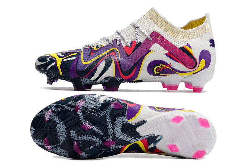 Chuteira Campo Puma Future Ultimate FG Branca e Roxa "Creativity Pack"