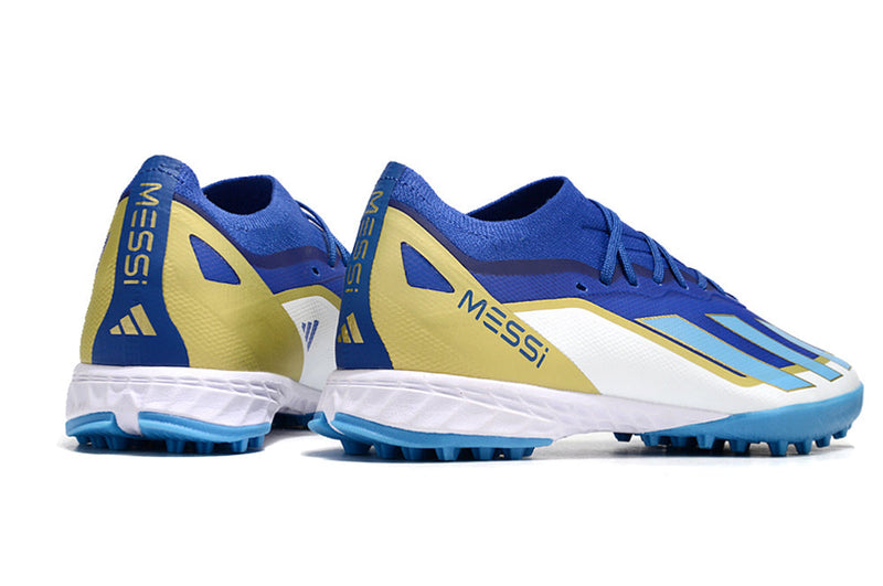 Chuteira Society Adidas X Crazrfast Messi .1 TF Azul, Branca e Dourada "Spark Gen10s"