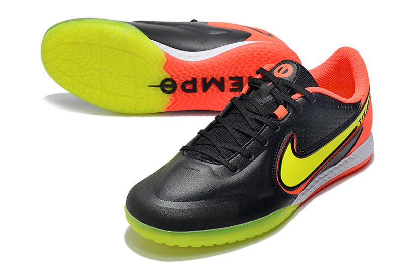 Chuteira Futsal Nike Tiempo Legend 9 Elite IC Preto, Laranja e Amarelo