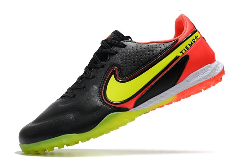 Chuteira Society Nike Tiempo Legend 9 Elite TF Preta, Amarelo e Laranja